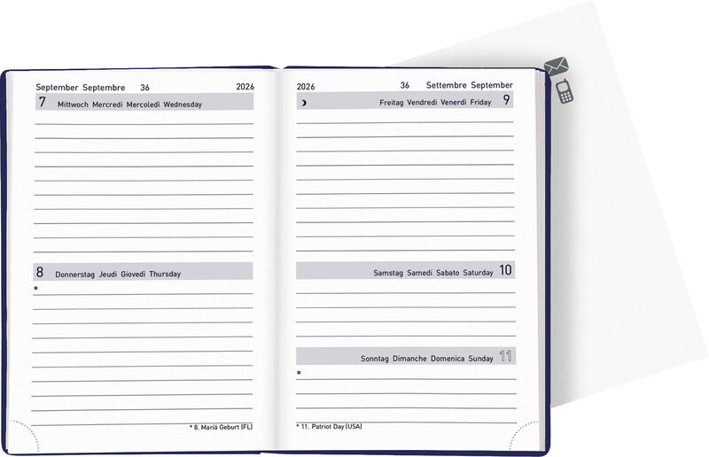 Biella Tell Agenda – 2 Tage pro Seite, gebunden, 8,5 × 12,5 cm, 2026, dunkelblau, FSC