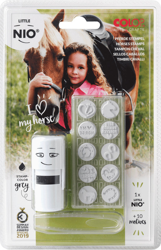 Colop Little NIO Rundstempel – Pferde, selbstfärbend, 10 Motive, Ø 17 mm, Kissen grau, Englisch