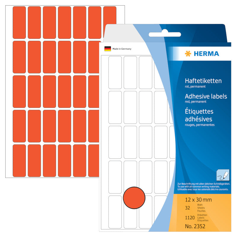 HERMA Haftetiketten – rechteckig 12 × 30 mm, permanent, rot, 111 × 170 mm, abgerundete Ecken, 32 Blatt (1'120 Stk)