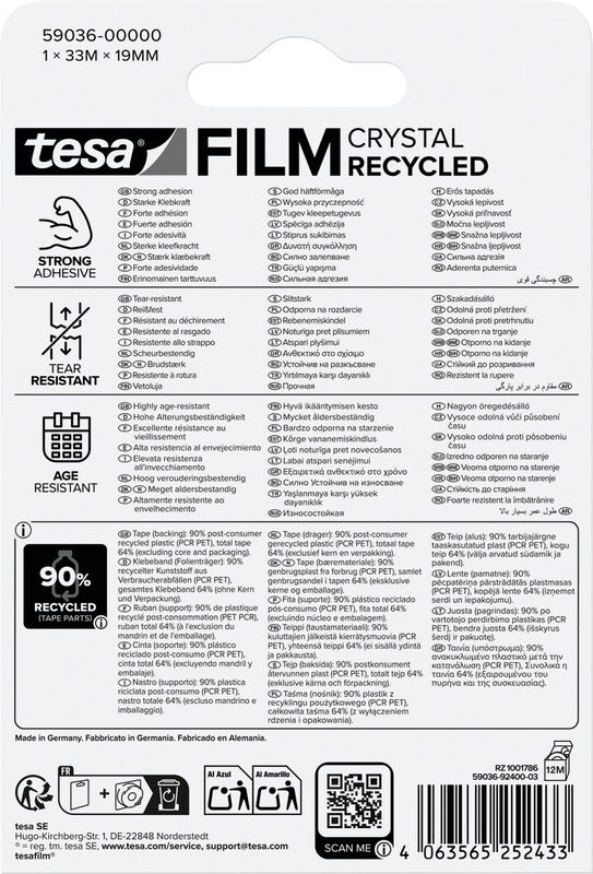 TESA Büro-Klebeband eco & crystal – permanent, Kunststoff, 19 mm × 33 m, transparent, 1 Rolle
