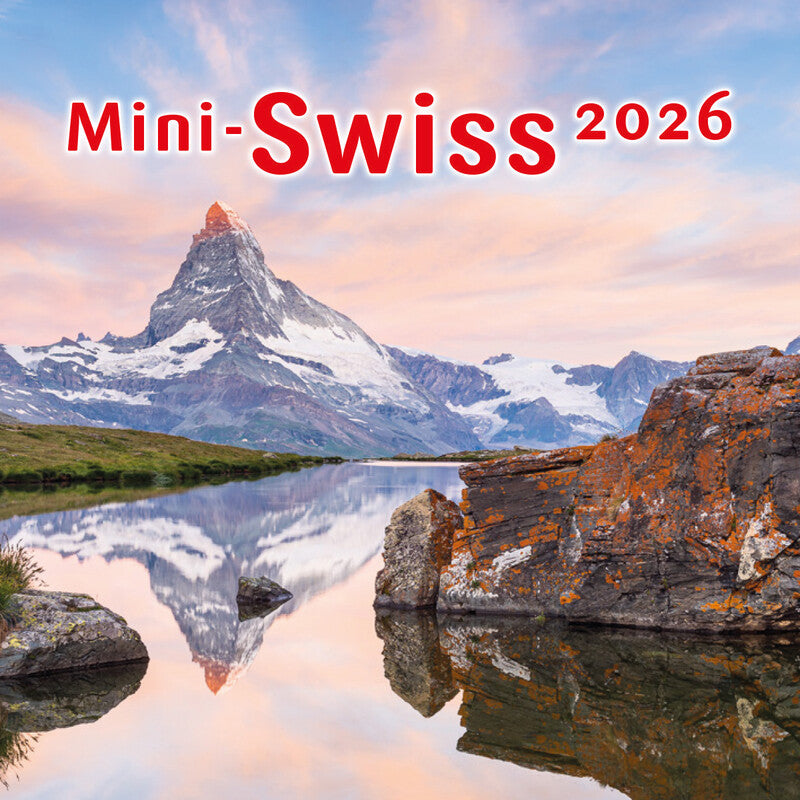 Calendaria Mini Bildkalender Swiss 2026 – 12,5 × 12,5 cm – d/f/i/gb