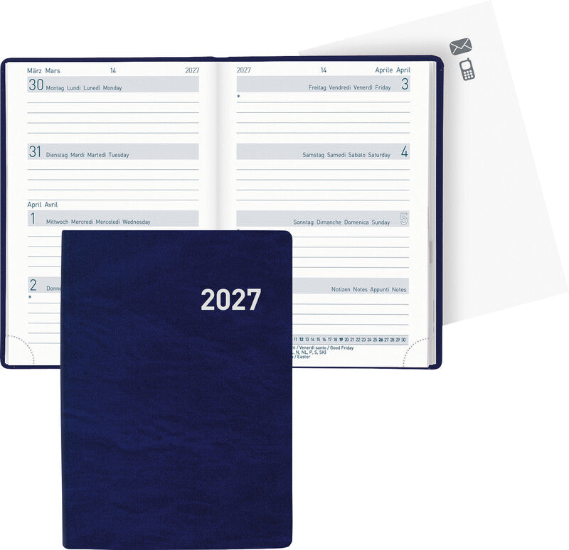 Biella Agenda – 1 Woche/2 Seiten, gebunden, 7,6 × 11,0 cm, Jan–Dez 2027, dunkelblau, FSC