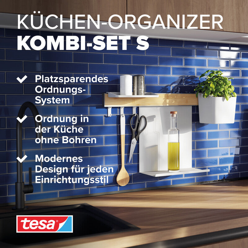 TESA Küchenorganizer Kombi-Set S – Aluminium/Bambus, 60 × 34 × 15 cm