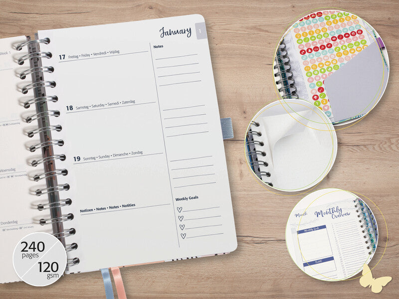 Sigel JOLIE Inspire Agenda – 1 Woche/2 Seiten, Spiralbindung, 16,8 × 21,5 cm, Jan–Dez 2027, mehrsprachig
