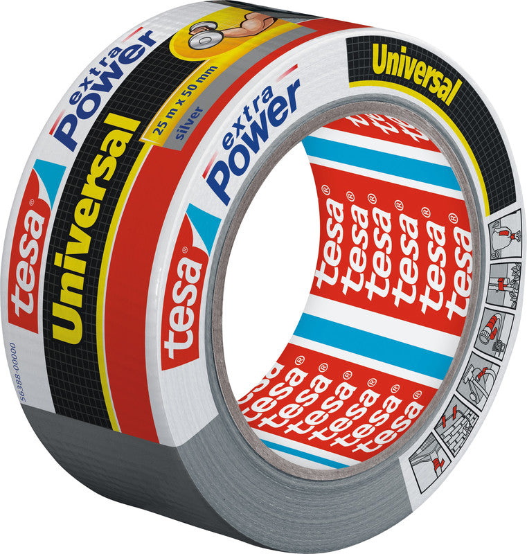 tesa Gewebeband Extra Power Universal – 50 mm × 25 m, silber, extra stark, recycelt