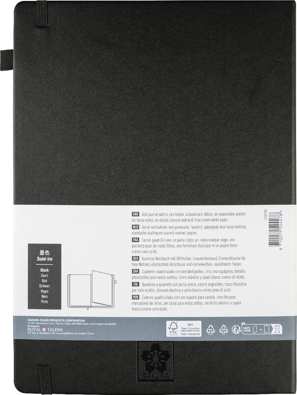 Sakura Notizbuch – A4 – kariert 5 mm – 160 Seiten – 140 g/m² – gebunden, Gummiband, Stiftschlaufe – schwarz