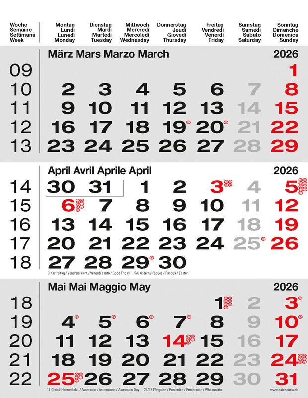 Calendaria 3-Monats-Kalender – 3 Monate pro Blatt – 2026 – Datumsschieber, Spiralbindung – 31 × 40 cm