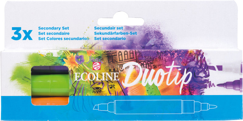 Ecoline Brush Pen Duotip – Keilspitze 6 mm, Rundspitze 1-2 mm – 3er-Set – sortiert – wasservermalbar