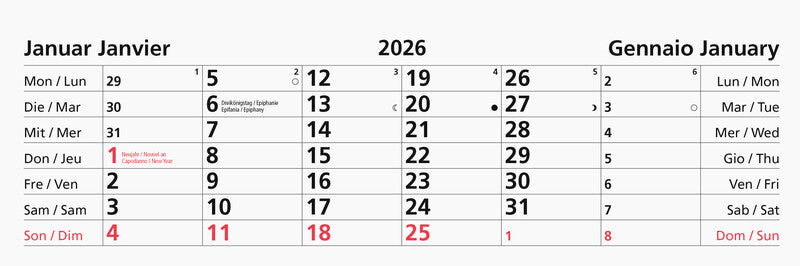Biella Abreisskalender – 1 Monat pro Blatt – viersprachig DE/FR/IT/GB – 2026 – perforiert – 24 × 9 cm
