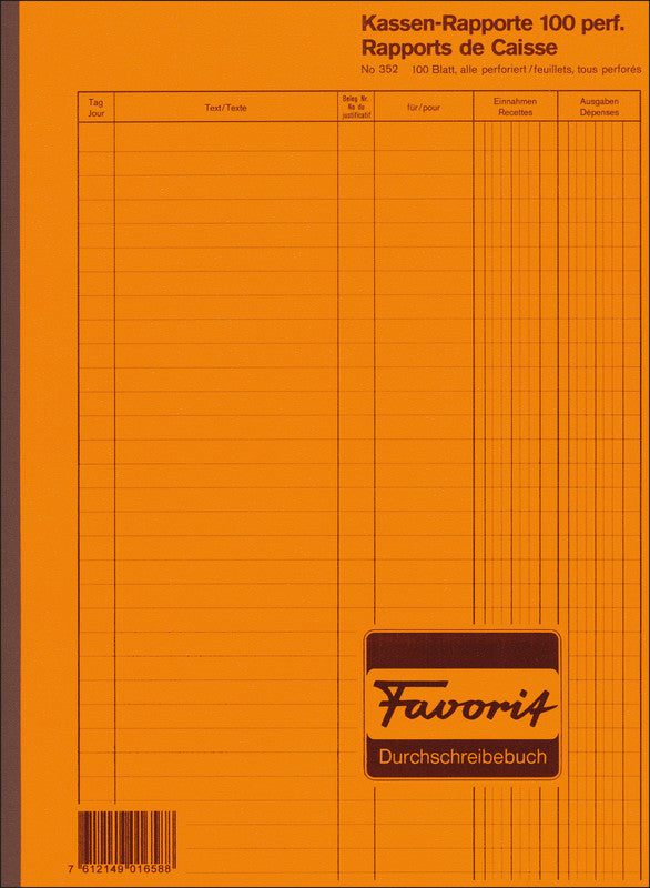 Favorit Formularblock – Kassa-Rapporte, mehrsprachig, 100 Blatt, A4, Kohlepapier