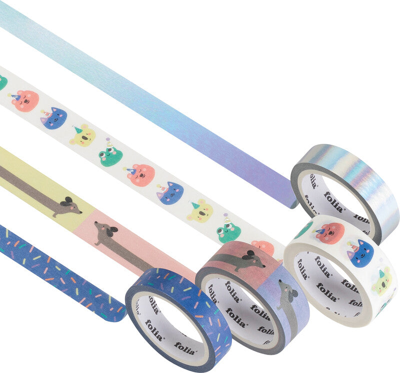 Folia Washi Tape – Breitenmix 10/15 mm × 5 m, Mehrfarbig, Papier, Wiederablösbar, 4 Rollen