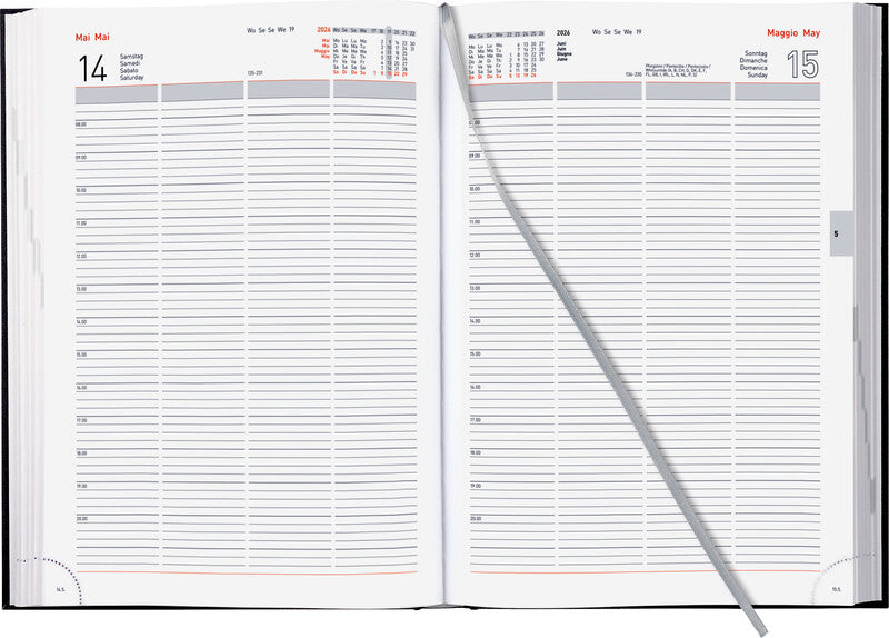 Biella Quattro Agenda – 1 Tag pro Seite, gebunden, A4, 2026, 1-Stunden-Takt, mehrsprachig, schwarz, FSC