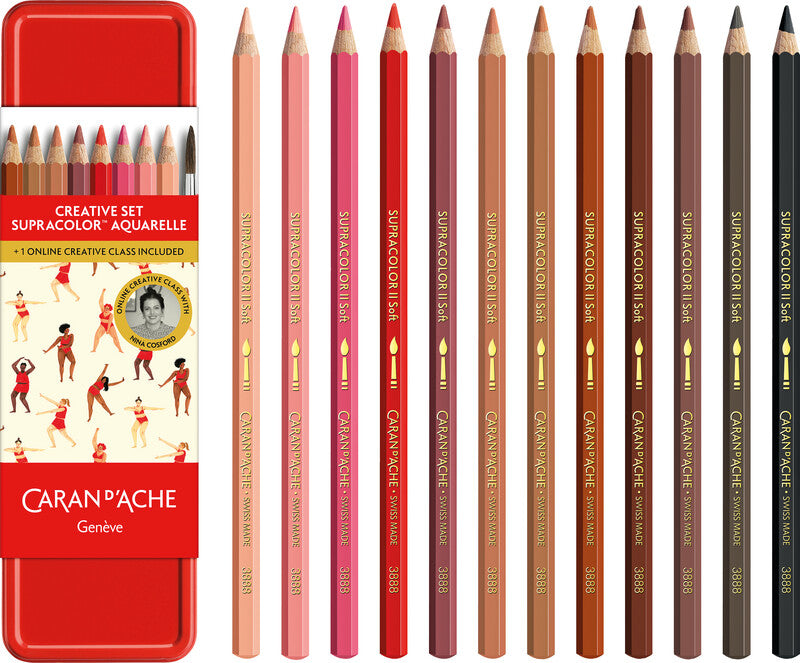 Caran d-Ache Caran d'Ache Supracolor Aquarellfarbstifte-Set – 12 Farben, Mine Ø 3,8 mm, Metallschachtel, mit Pinsel