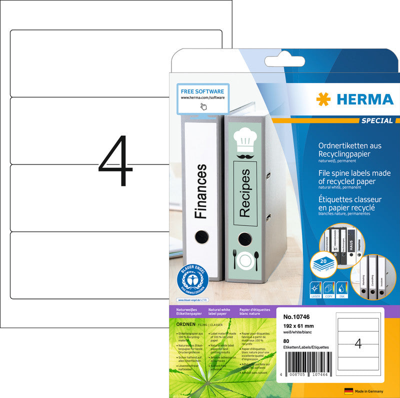 HERMA Druckeretiketten, 192 mm × 61 mm, naturweiss, Altpapier, permanent, 20 Blätter (80 Etiketten)