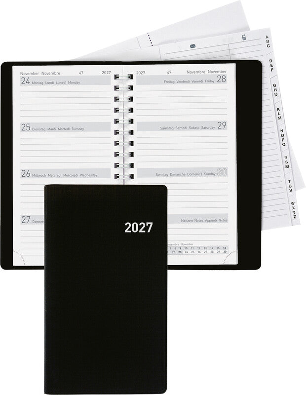 Biella Brüssel Agenda – 1 Woche/2 Seiten, Wire-O, 8,5 × 15,3 cm, 2026, Schwarz, FSC