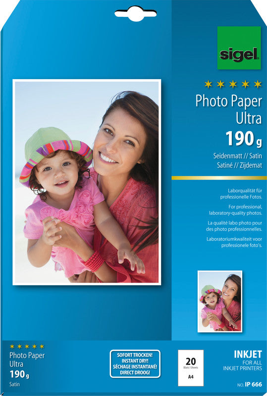 Sigel Ultra Fotopapier – seidenmatt, A4, 190 g/m², 20 Blatt, einseitig – für Inkjet-Drucker
