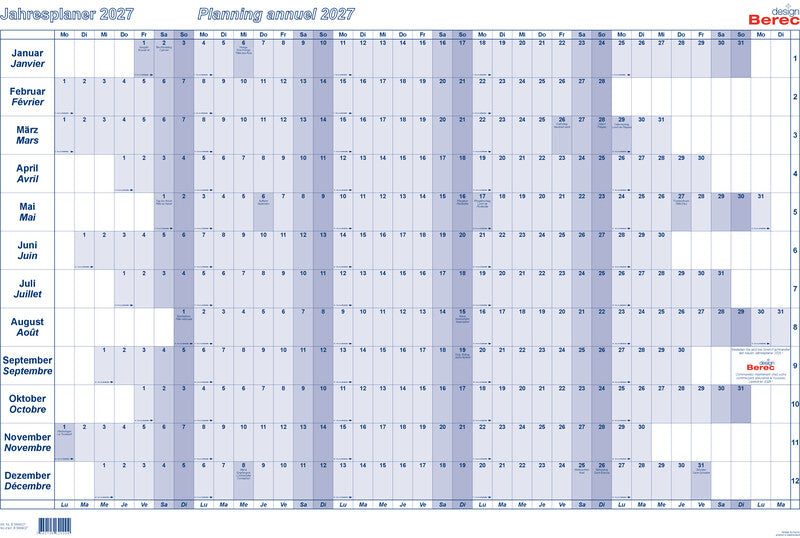 BEREC Jahresplaner Querformat – zweisprachig D/F – 2027 – laminiert – 90 × 60 cm