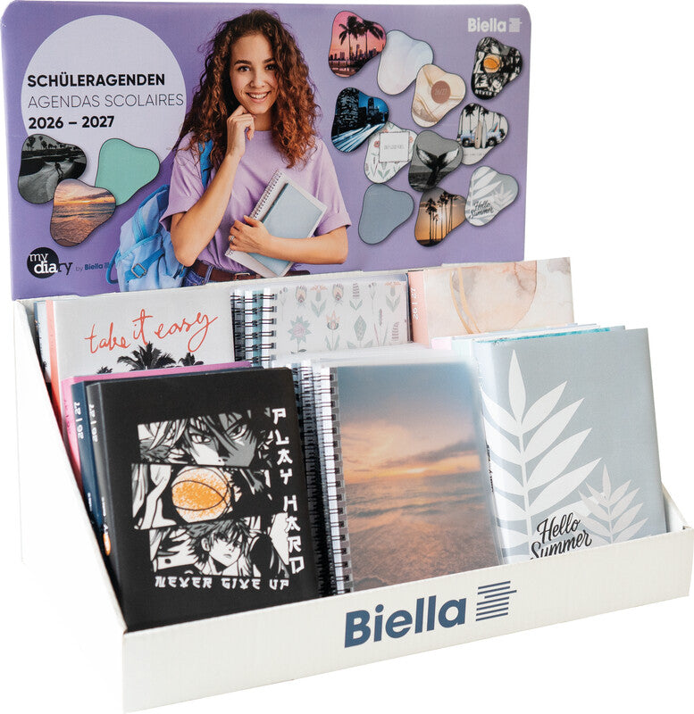 Biella mydiary Schüleragenda – 1 Tag/Seite, gebunden, 12 × 16,5 cm, Aug–Jul, 1-h-Takt, mehrfarbig