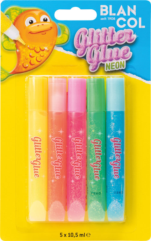 BLANCOL Glitzerkleber Neon – farbig sortiert – Set 5 × 10,5 ml – auswaschbar, lösungsmittelfrei – für Basteln