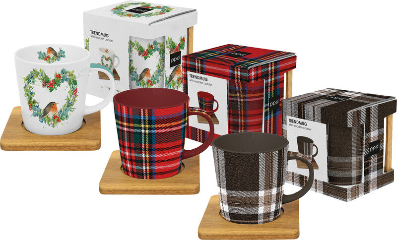 Ppd Trend X-Mas Classics Tasse – 0,35 l, Porzellan, Rot, mit Akazien-Holzuntersatz