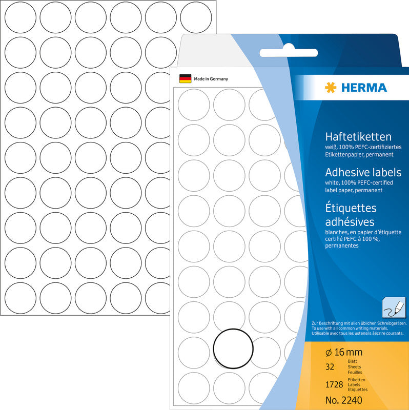 HERMA Schuletiketten – Ø 16 mm, Papier, permanent haftend, 1728 Stk, 32 Bogen