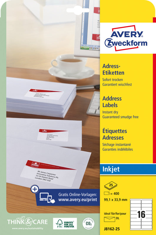 Avery Adress-Etiketten, 99 mm × 34 mm, weiss, Papier, permanent, 25 Blätter (400 Etiketten)