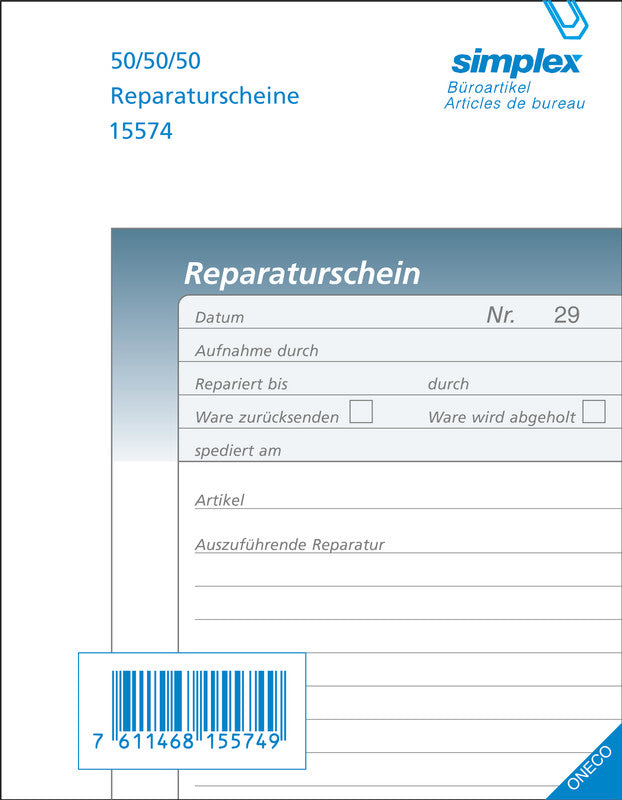 Simplex Formularblock – Reparaturscheine, Französisch, 50 Blatt, A6