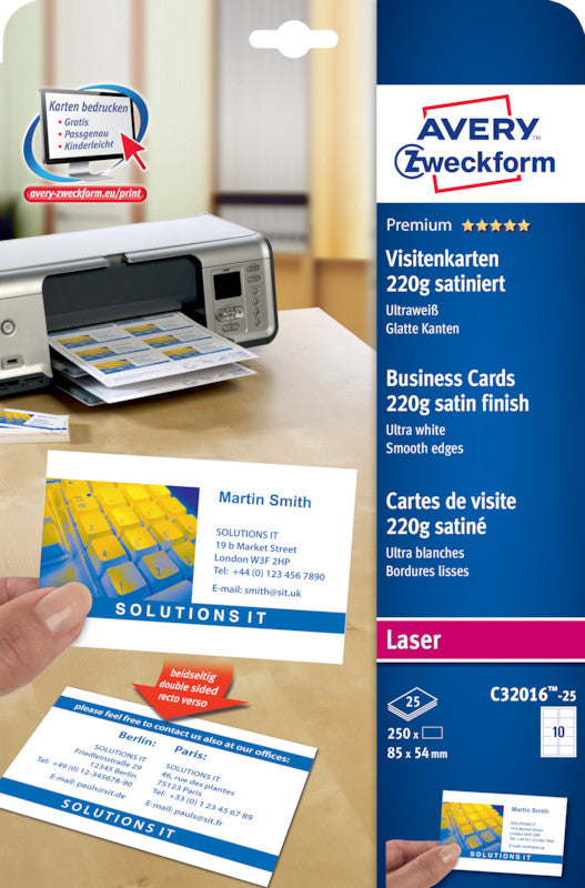 Avery Visitenkarten, 85 × 54 mm – A4, 10 pro Blatt – 250 Karten – FSC-zertifiziert, beidseitig bedruckbar