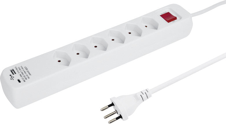 Steffen Steckdosenleiste Power Easy – 1,50 m, Kunststoff, Weiss, 6 Steckdosen T13, mit USB