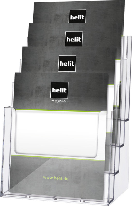 Helit Tischprospekthalter – für A4 hoch – 4 Fächer, Kunststoff, transparent, the helpdesk, 240 × 340 × 192 mm