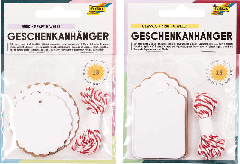 Folia Geschenketiketten – verschiedene Grössen, farbig sortiert, mit Schnur – 12 Etiketten – Papier