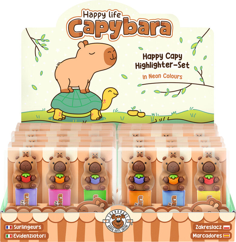 Trendhaus Capybara Happy Life Textmarker Set 3 Farben – Keilspitze, 4 mm