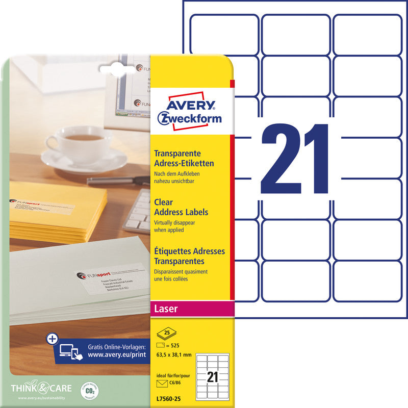 Avery Bogenetiketten, 64 mm × 38 mm, transparent, Folie, permanent, 25 Blatt (525 Etiketten)
