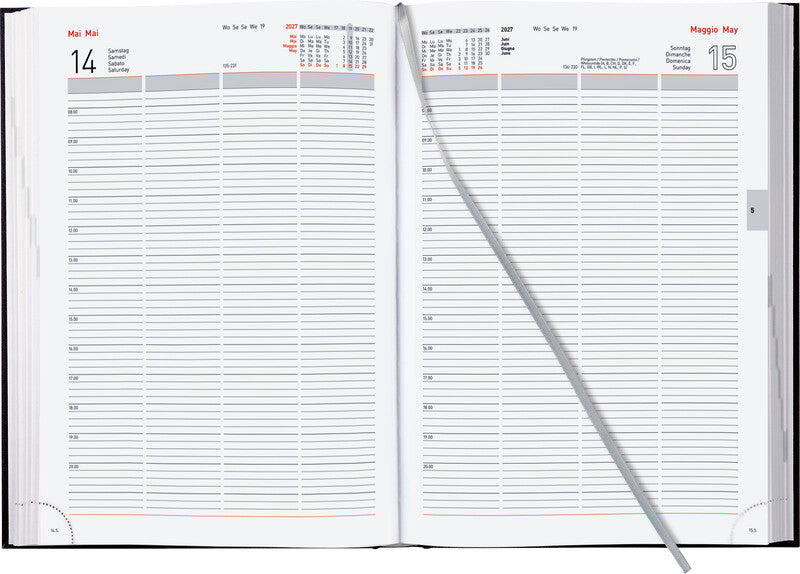 Biella Quattro Agenda – 1 Tag pro Seite, Gebunden, A4, 2027, 1-Stunden-Takt, Schwarz, FSC