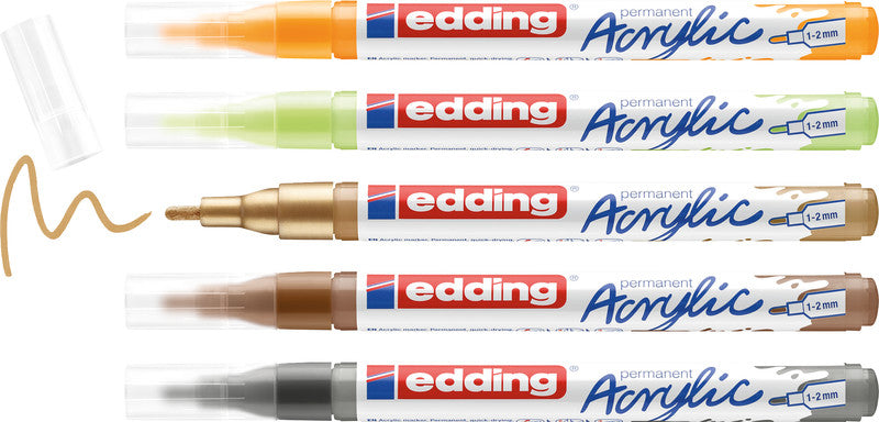 Edding Acrylmarker – sortiert (pastellgrün, sonnengelb, haselnuss, reichgold, anthrazit), 5er Set