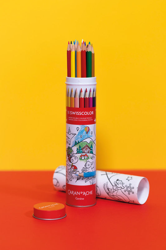 Caran d-Ache Caran d'Ache Swisscolor Aquarellfarbstifte-Set – 18 Farben, Mine Ø 2,8 mm, Metallschachtel, inkl. Poster