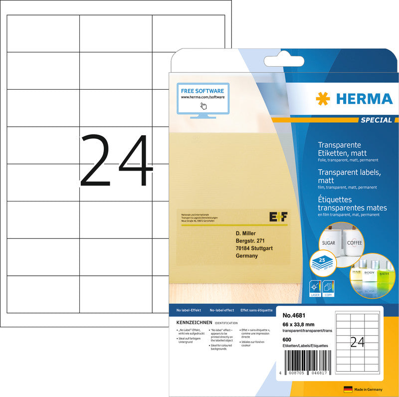 HERMA Etiketten (Bogen), 66 mm × 34 mm, transparent, Folie, permanent haftend, 25 Blatt, 600 Etiketten