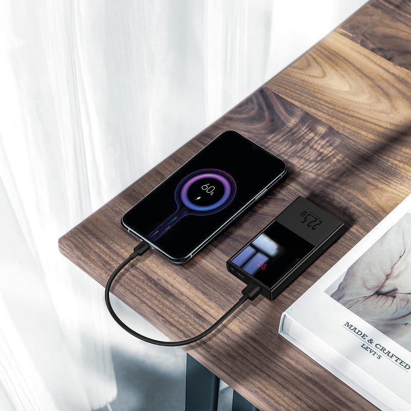 Baseus Powerbank 20000 mAh, 1× USB-A, 1× USB-C, mit Batterieladeanzeige, für Smartphones, Tablets, Schwarz