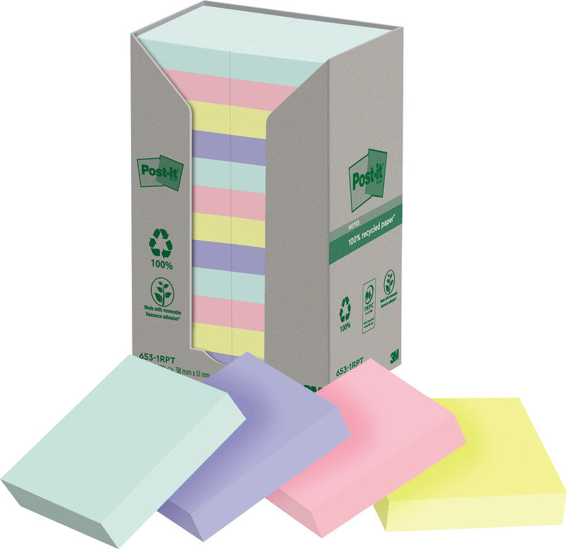 Post-it Haftnotizen Recycling Tower – 51×38 mm – sortiert, 24×100 Blatt, PEFC