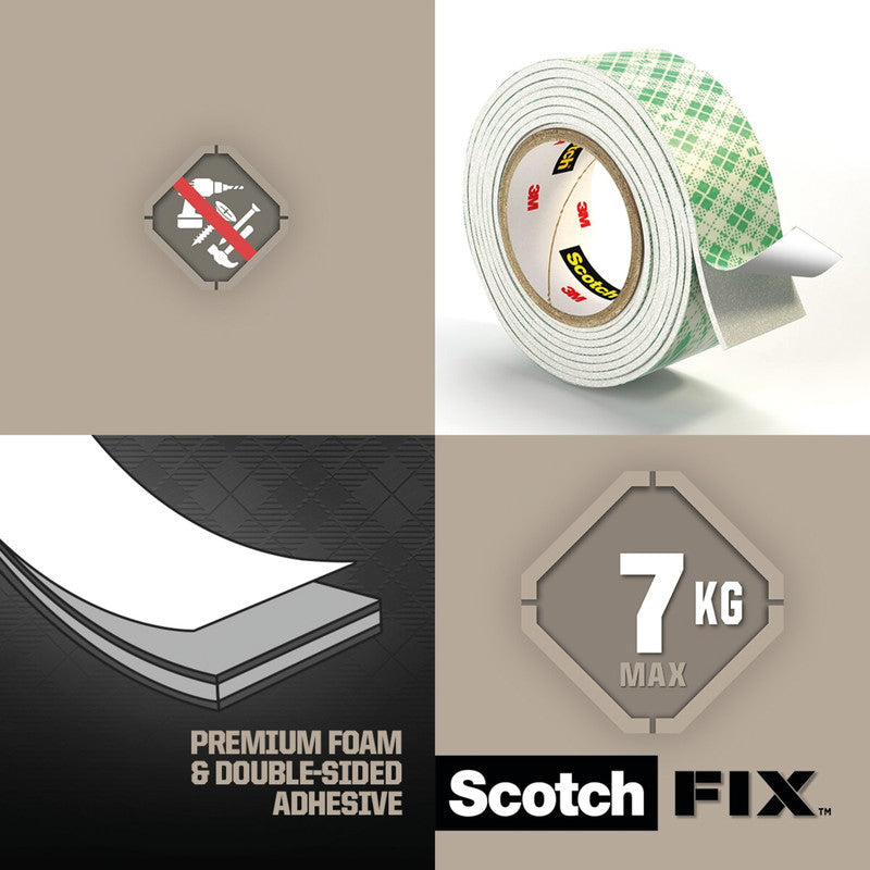 Scotch Montageband, stark, für den Innenbereich, für glatte Oberflächen – 19 mm × 1,5 m, weiss, bis 1 kg/22 cm