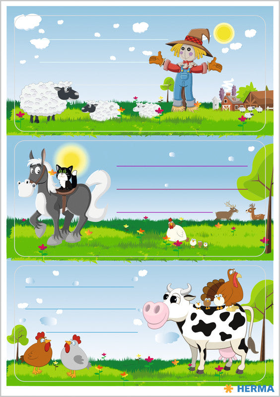 HERMA Vario Schuletiketten – Motiv Kleine Farm – 35 × 76 mm, Abgerundete Ecken, 9 Stück, 3 Bögen, Papier