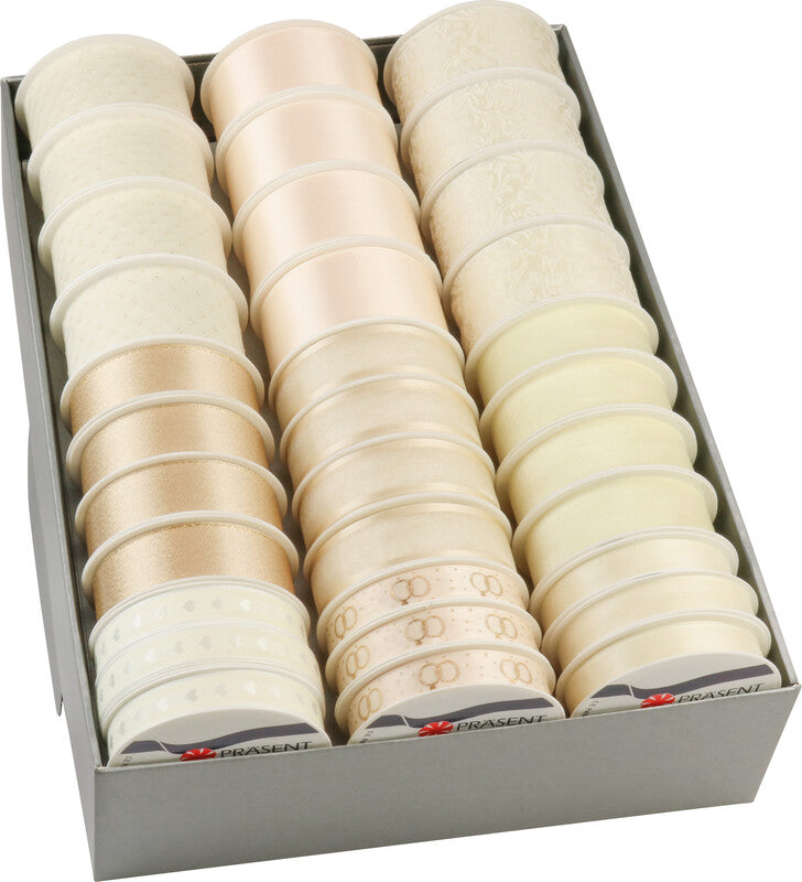 Präsent Geschenkband – Hochzeit, Creme – Kunststoff – 9 × 15 mm × 4 m, 12 × 25 mm × 3 m, 12 × 40 mm × 2 m
