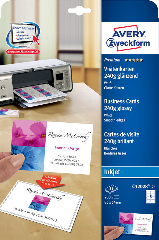 Avery Visitenkarten, 85 × 54 mm – A4, 8 pro Blatt – 200 Karten – FSC-zertifiziert, beidseitig bedruckbar