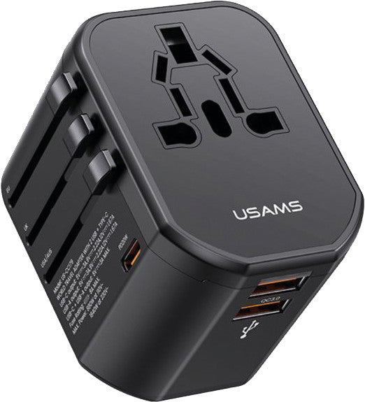 Usams Reiseadapter T59 – 52,7 × 54,8 mm, Schwarz, 2× USB-A, 1× USB-C, 20 W, für 2- und 3-polige Geräte