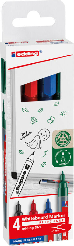 Edding Whiteboard-Marker 361 – Rundspitze 1 mm – Sortiert – 4er-Set – Trocken abwischbar