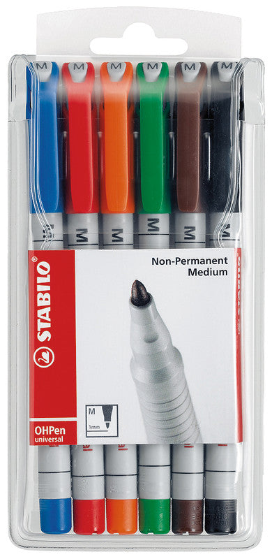 STABILO Non-Permanent Marker OHPen – mittel 1 mm – sortiert – 6er-Set – trocken abwischbar