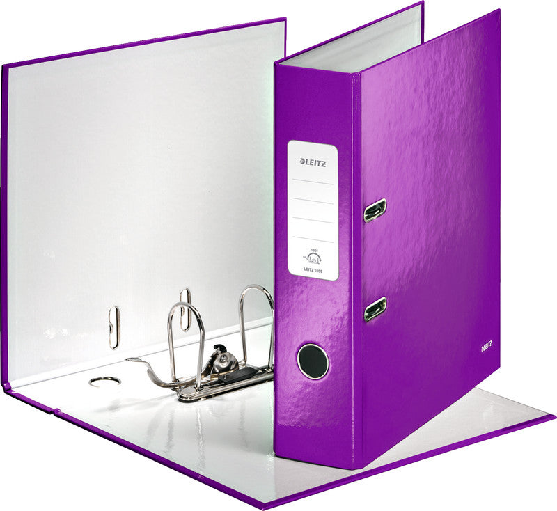 Leitz Ordner – A4 hoch – 2-Ring Hebelmechanik, Rücken 80 mm – violett, mit Griffloch, mit Raumsparösen, FSC