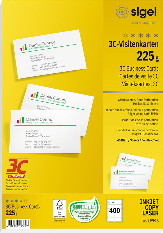Sigel Visitenkarten, 85 × 55 mm – für Laser/Inkjet/Kopierer – A4, 10 pro Blatt – 400 Karten – FSC-zertifiziert