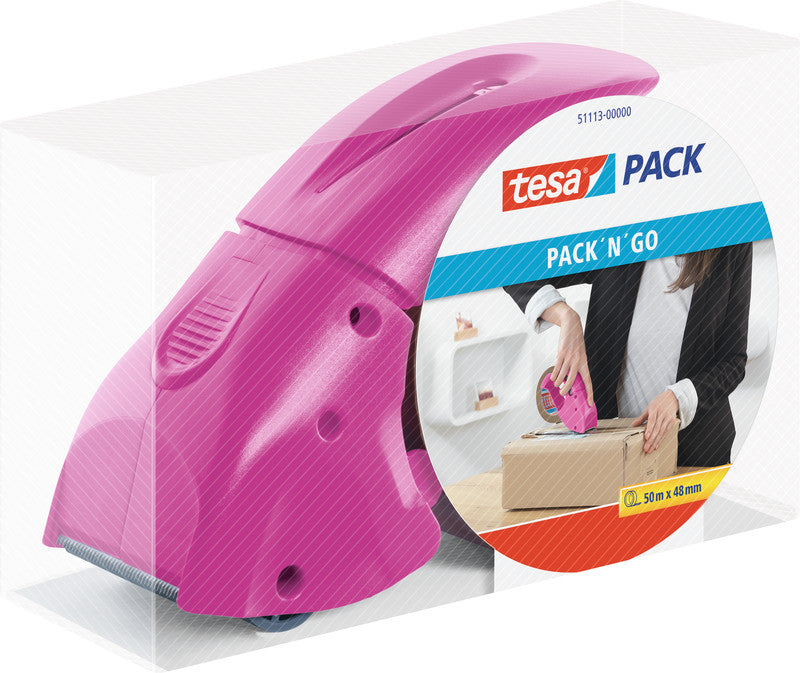 tesa Verpackungsbandabroller Pack'n'Go – für Rollenbreite bis 50 mm, für Bandlänge bis 66 m, mit Bremse