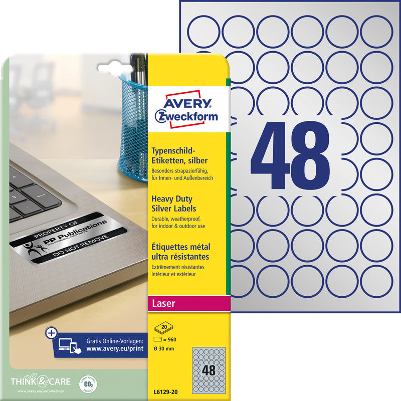Avery Druckeretiketten, Ø 30 mm (A4), silber, Folie, permanent, 960 Etiketten (20 Blatt)